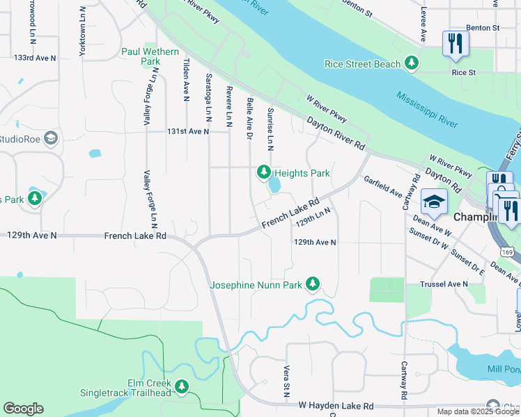 map of restaurants, bars, coffee shops, grocery stores, and more near 12900 Belle Aire Drive in Champlin