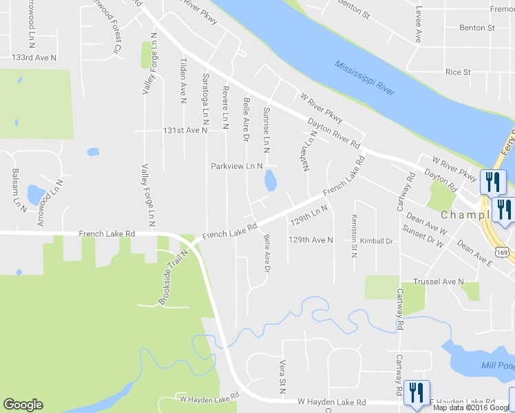 map of restaurants, bars, coffee shops, grocery stores, and more near 12900 Belle Aire Drive in Champlin