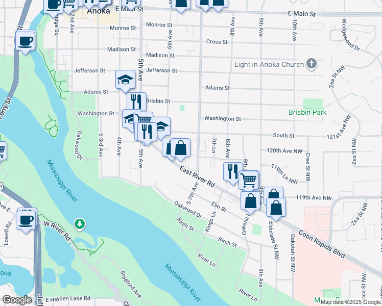 map of restaurants, bars, coffee shops, grocery stores, and more near 1231 7th Avenue in Anoka