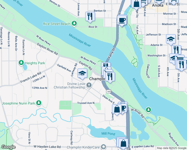 map of restaurants, bars, coffee shops, grocery stores, and more near 345 Colburn Street North in Champlin