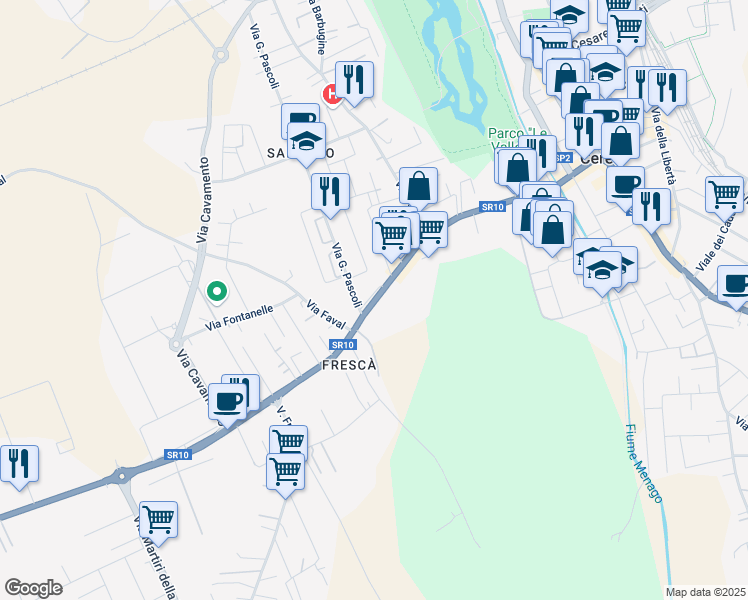 map of restaurants, bars, coffee shops, grocery stores, and more near 96 Via Mantova in Cerea