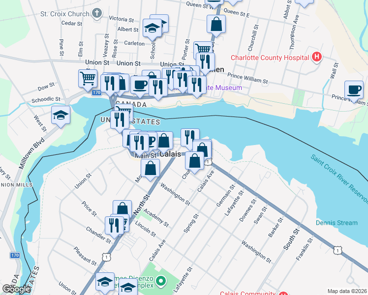 map of restaurants, bars, coffee shops, grocery stores, and more near 149 Main Street in Calais