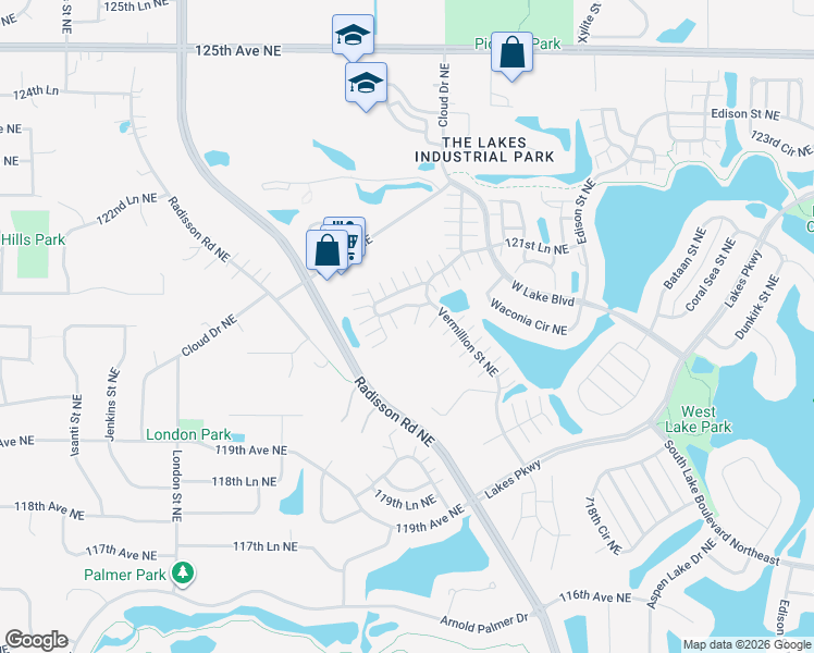 map of restaurants, bars, coffee shops, grocery stores, and more near 2401 121st Circle Northeast in Blaine
