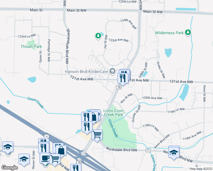 map of restaurants, bars, coffee shops, grocery stores, and more near 1770 121st Avenue Northwest in Minneapolis