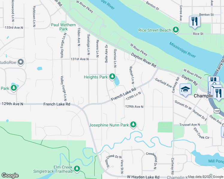 map of restaurants, bars, coffee shops, grocery stores, and more near 701 Circle Drive in Champlin