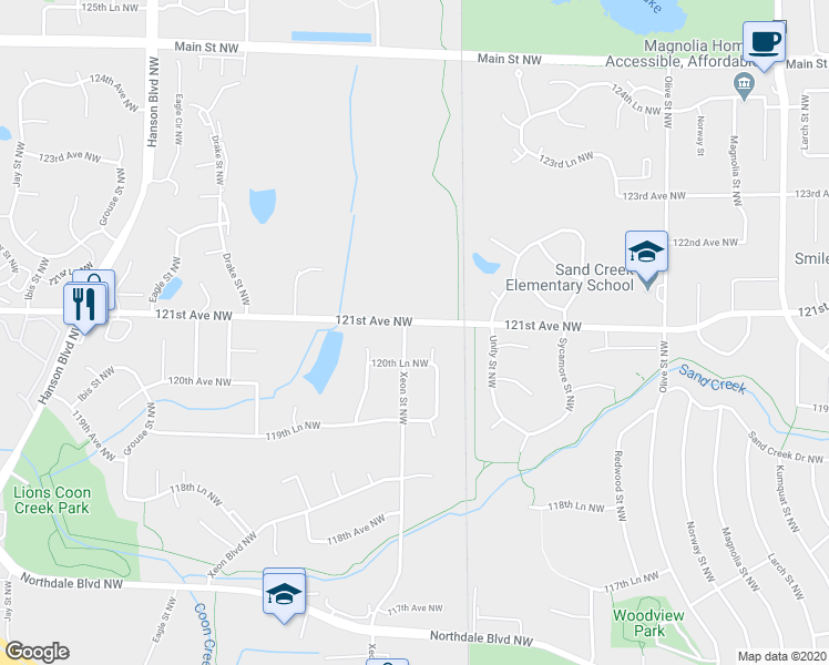 map of restaurants, bars, coffee shops, grocery stores, and more near 12091 Xeon Street Northwest in Coon Rapids