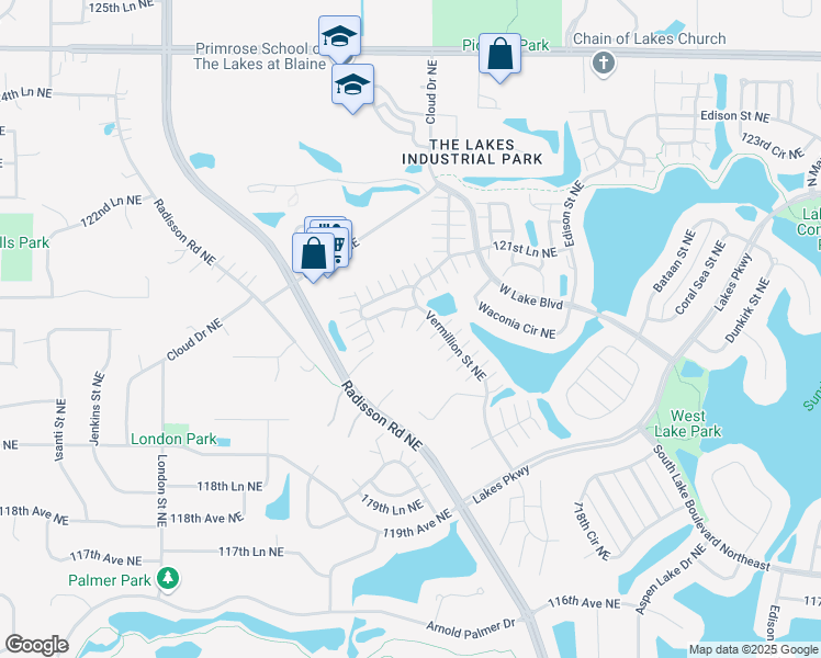 map of restaurants, bars, coffee shops, grocery stores, and more near 2401 121st Circle Northeast in Blaine