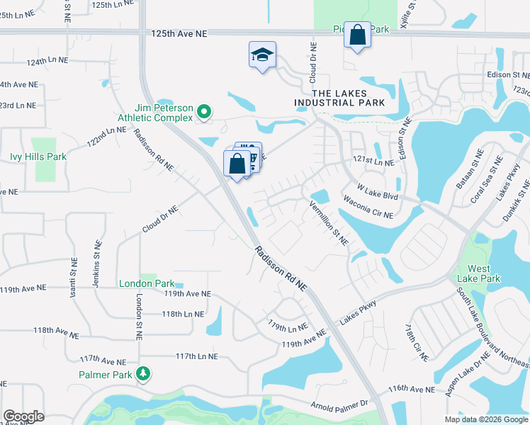 map of restaurants, bars, coffee shops, grocery stores, and more near 11985 Radisson Road Northeast in Blaine