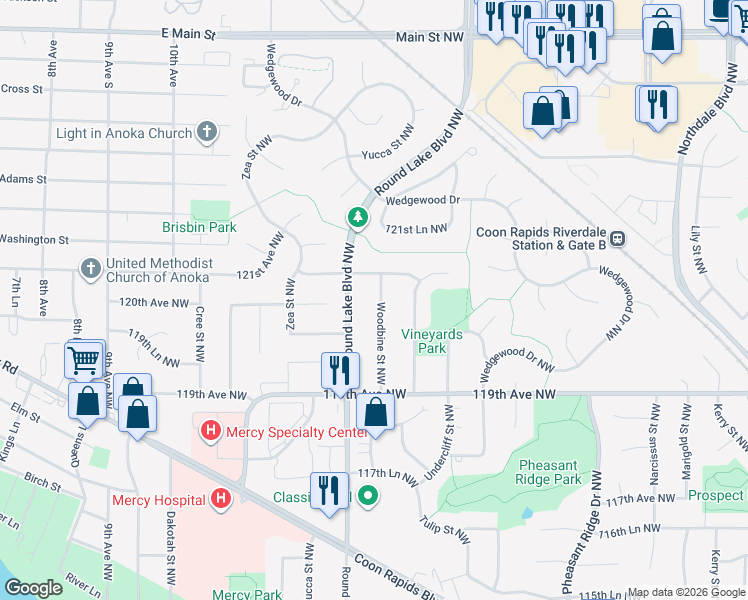 map of restaurants, bars, coffee shops, grocery stores, and more near 12035 Woodbine Street Northwest in Coon Rapids
