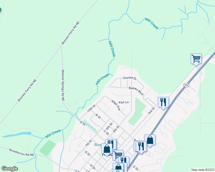 map of restaurants, bars, coffee shops, grocery stores, and more near 2121 Baines Boulevard in Hubbard