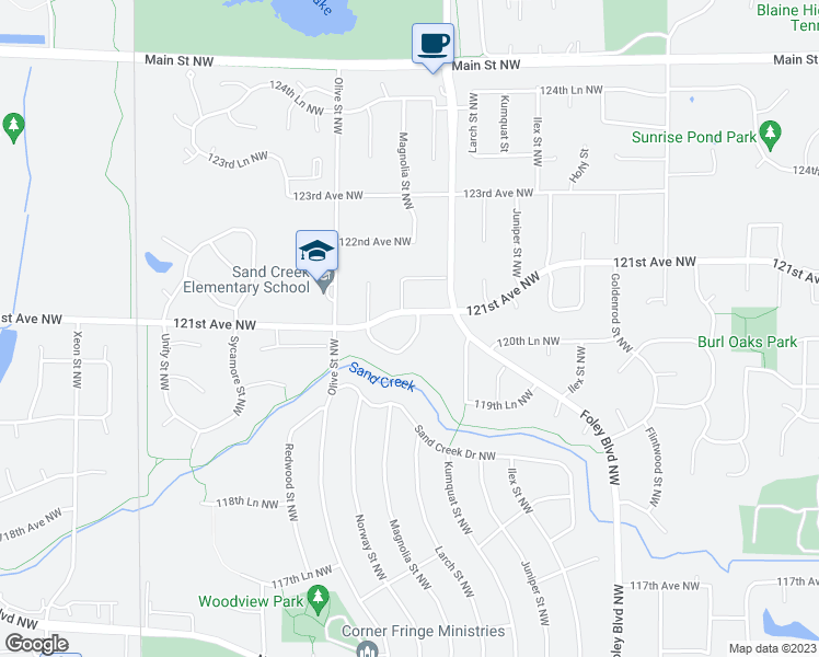 map of restaurants, bars, coffee shops, grocery stores, and more near 12080 Magnolia Street Northwest in Minneapolis