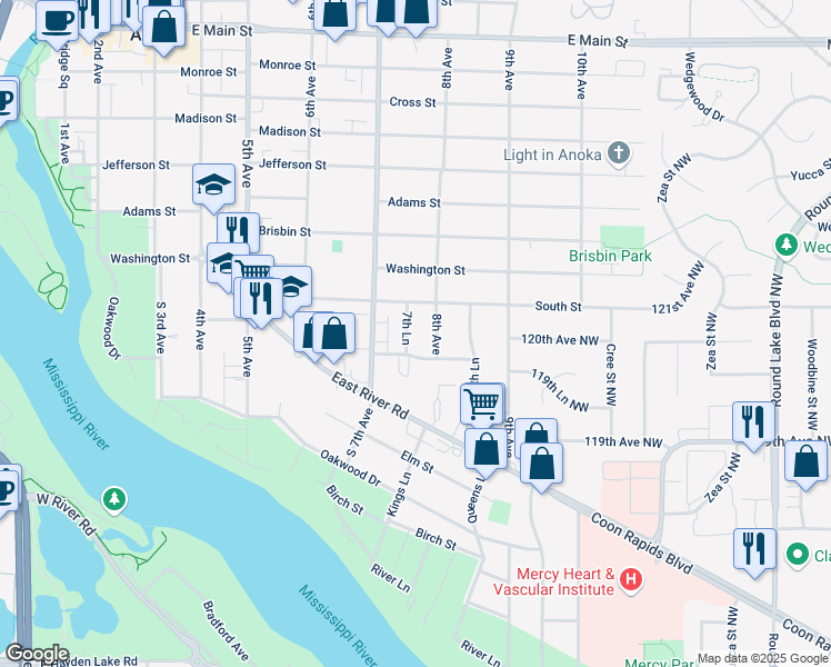 map of restaurants, bars, coffee shops, grocery stores, and more near 773 Southview Drive in Anoka