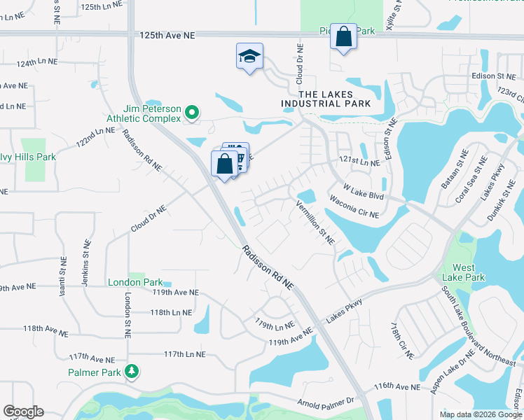 map of restaurants, bars, coffee shops, grocery stores, and more near 11985 Radisson Road Northeast in Blaine