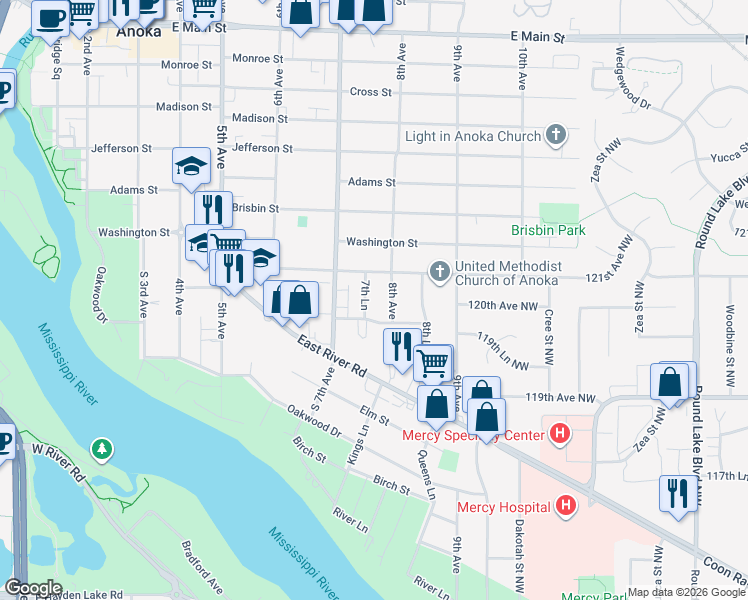 map of restaurants, bars, coffee shops, grocery stores, and more near 773 Southview Drive in Anoka
