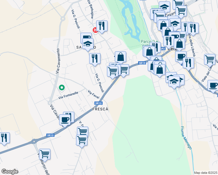 map of restaurants, bars, coffee shops, grocery stores, and more near 96 Via Mantova in Cerea
