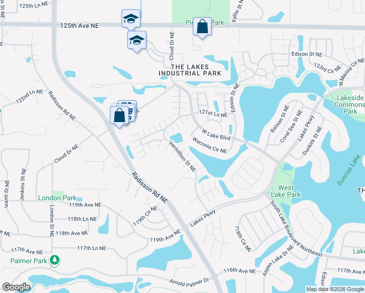 map of restaurants, bars, coffee shops, grocery stores, and more near 12022 Vermillion Street Northeast in Blaine