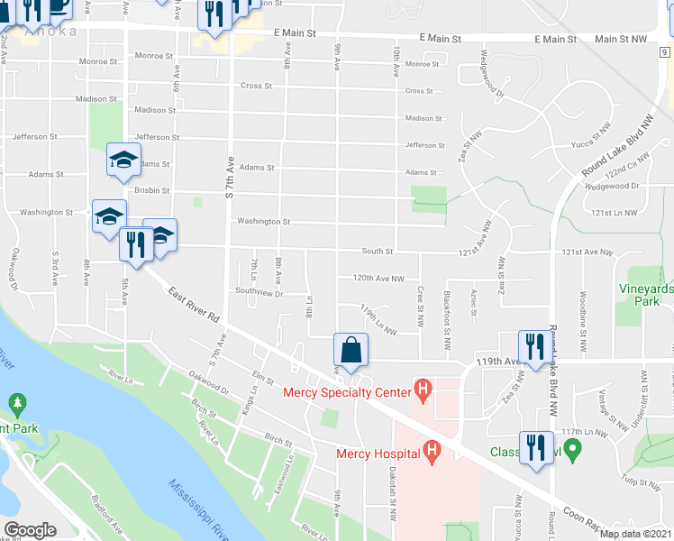 map of restaurants, bars, coffee shops, grocery stores, and more near 1325 9th Avenue in Anoka