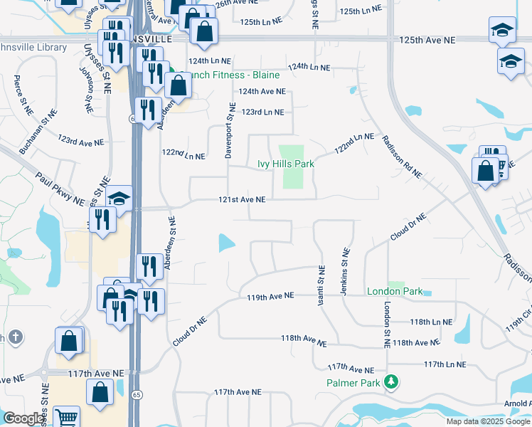 map of restaurants, bars, coffee shops, grocery stores, and more near 12100 Fergus Street Northeast in Blaine