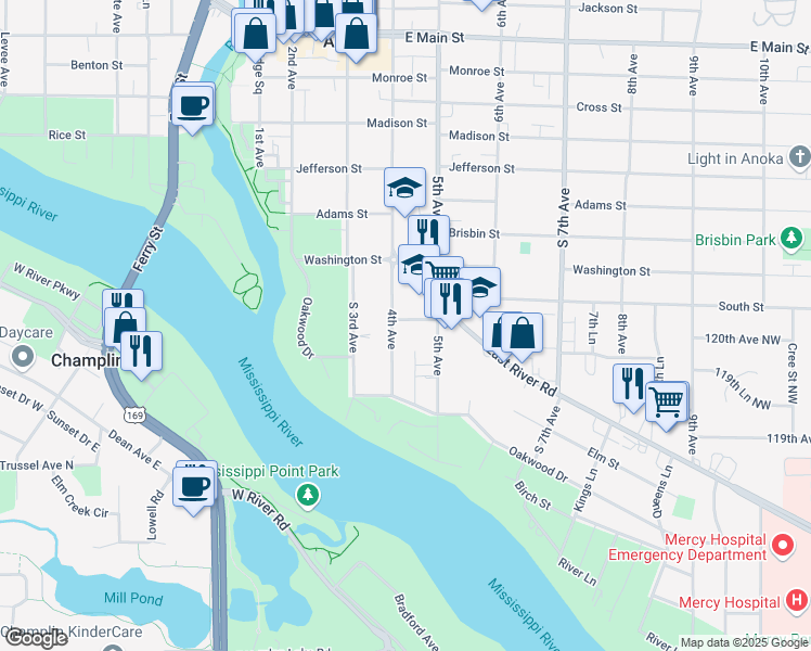 map of restaurants, bars, coffee shops, grocery stores, and more near 1341 4th Avenue in Anoka