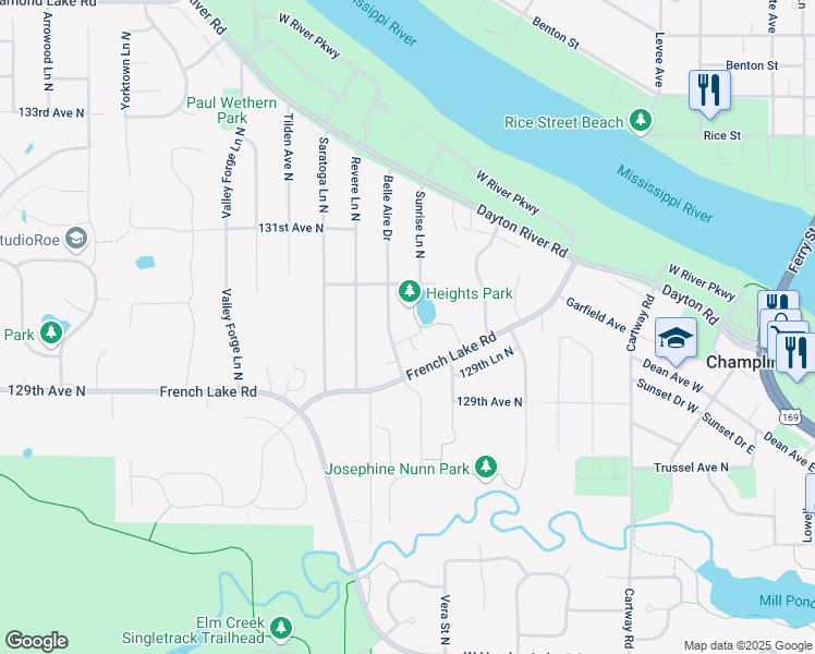 map of restaurants, bars, coffee shops, grocery stores, and more near 403 Belle Aire Drive in Champlin