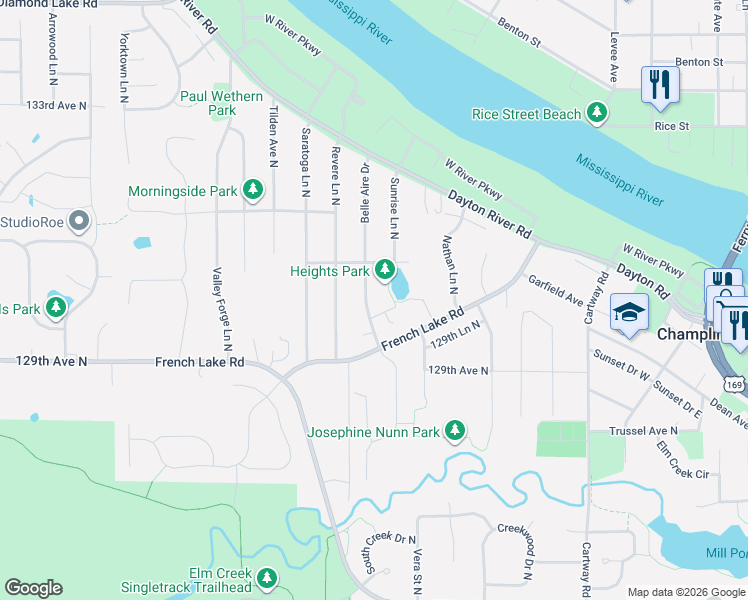 map of restaurants, bars, coffee shops, grocery stores, and more near 403 Belle Aire Drive in Champlin