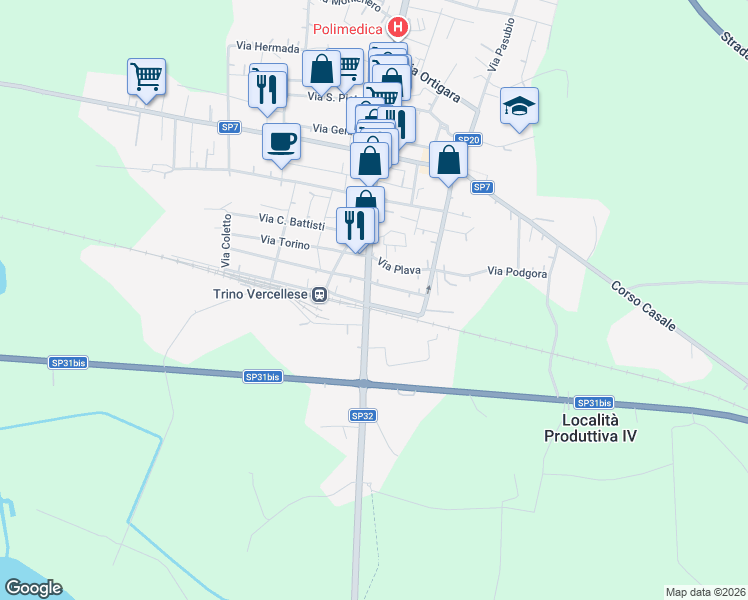map of restaurants, bars, coffee shops, grocery stores, and more near 1D Via Trieste in Trino