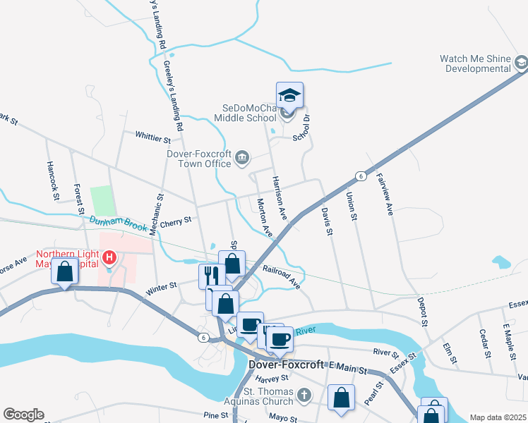 map of restaurants, bars, coffee shops, grocery stores, and more near 97 Autumn Avenue in Dover-Foxcroft