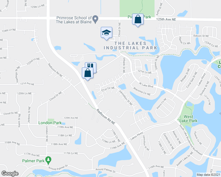 map of restaurants, bars, coffee shops, grocery stores, and more near 2411 121st Circle Northeast in Blaine