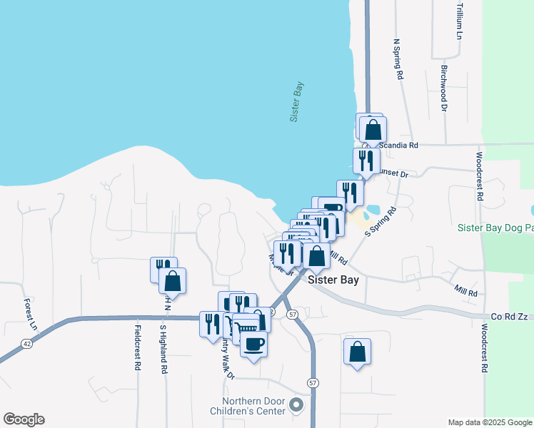 map of restaurants, bars, coffee shops, grocery stores, and more near 10686 Regatta Way in Sister Bay