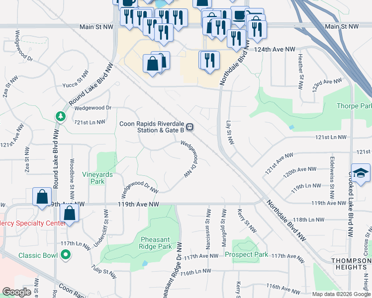 map of restaurants, bars, coffee shops, grocery stores, and more near 12019 Wedgewood Drive Northwest in Coon Rapids