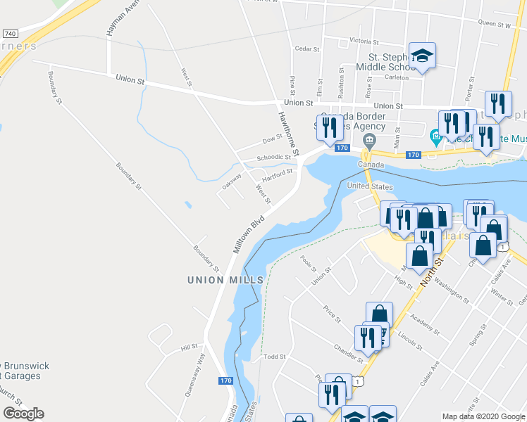map of restaurants, bars, coffee shops, grocery stores, and more near 281 Milltown Boulevard in Saint Stephen