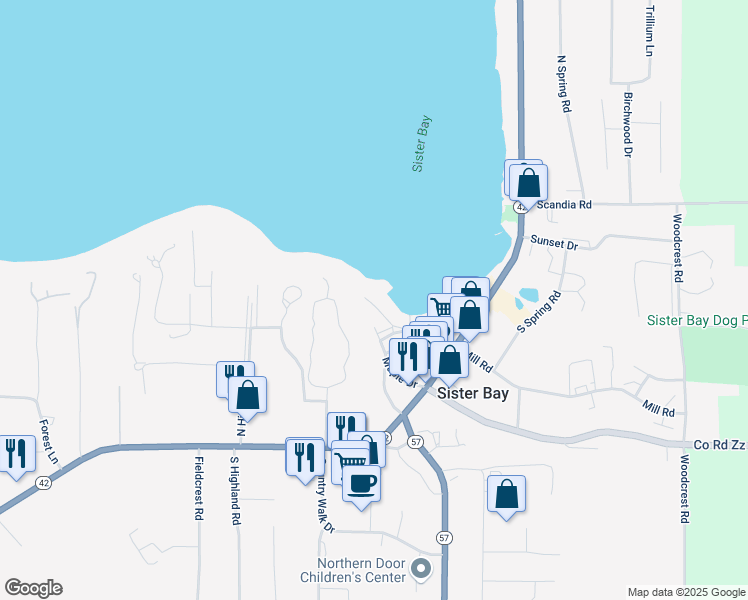 map of restaurants, bars, coffee shops, grocery stores, and more near 10686 Regatta Way in Sister Bay
