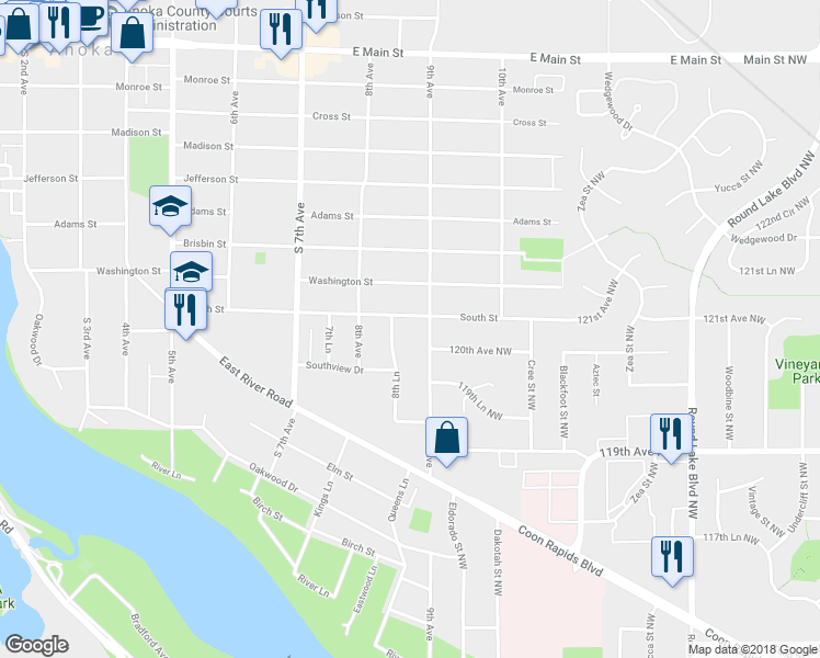 map of restaurants, bars, coffee shops, grocery stores, and more near 850 South Street in Anoka