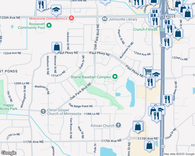 map of restaurants, bars, coffee shops, grocery stores, and more near 12129 Oak Park Boulevard Northeast in Blaine