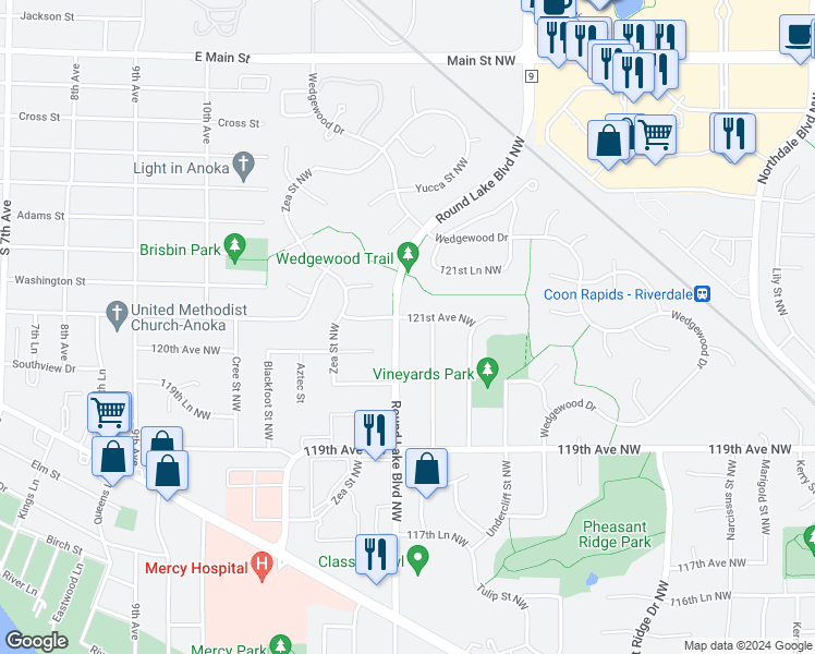 map of restaurants, bars, coffee shops, grocery stores, and more near 3794 121st Avenue Northwest in Coon Rapids