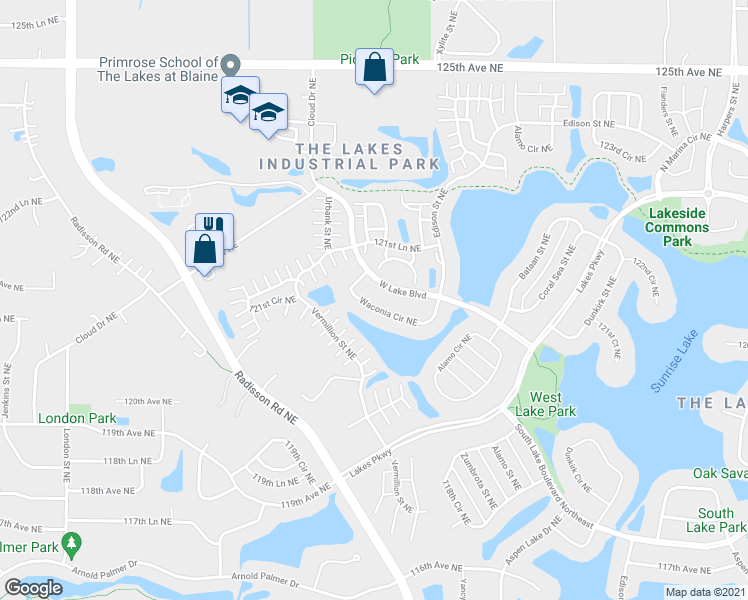 map of restaurants, bars, coffee shops, grocery stores, and more near 12073 Waconia Circle Northeast in Blaine