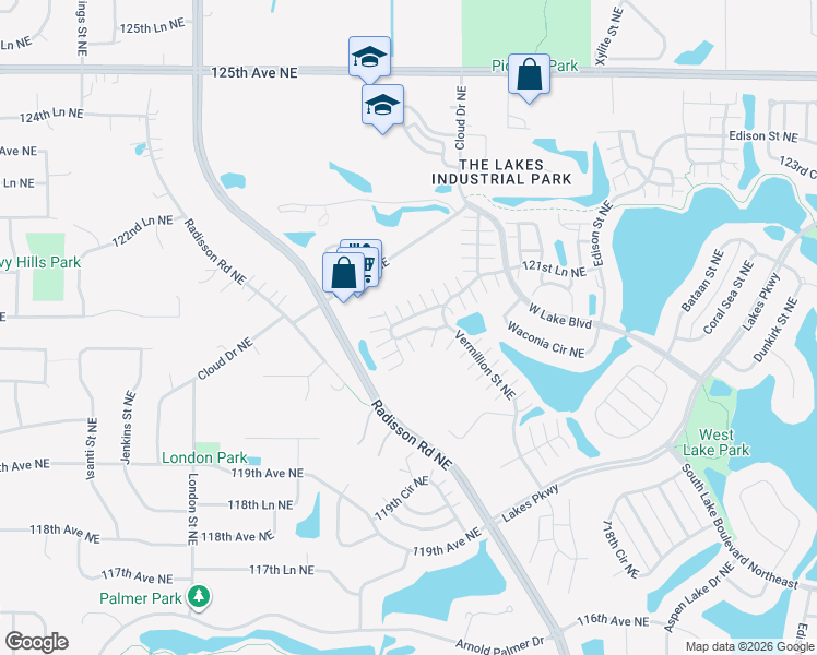 map of restaurants, bars, coffee shops, grocery stores, and more near 2467 121st Circle Northeast in Blaine