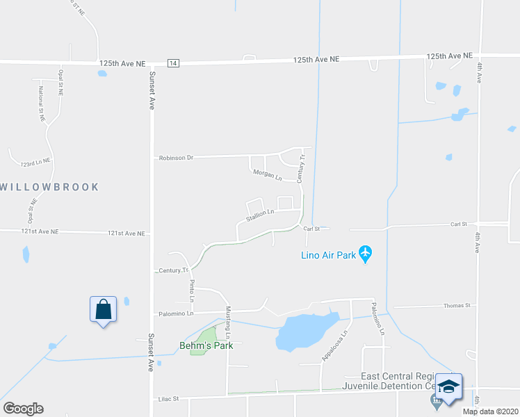 map of restaurants, bars, coffee shops, grocery stores, and more near 145 Stallion Lane in Lino Lakes
