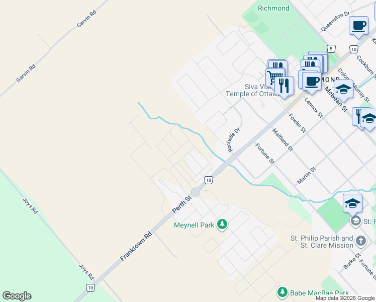 map of restaurants, bars, coffee shops, grocery stores, and more near 6295 Perth Street in Ottawa