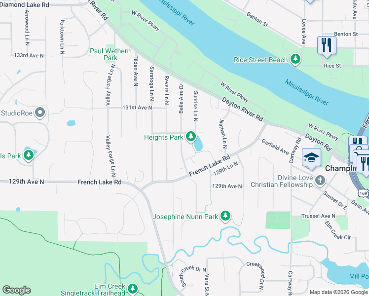 map of restaurants, bars, coffee shops, grocery stores, and more near 403 Belle Aire Drive in Champlin