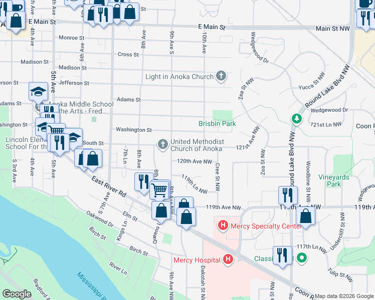 map of restaurants, bars, coffee shops, grocery stores, and more near 927 South Street in Anoka