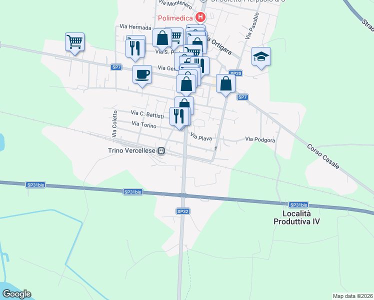 map of restaurants, bars, coffee shops, grocery stores, and more near 1D Via Trieste in Trino