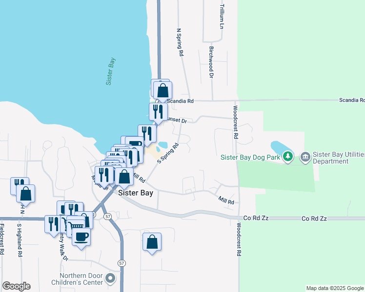 map of restaurants, bars, coffee shops, grocery stores, and more near 10697 Timber Ridge Circle in Sister Bay