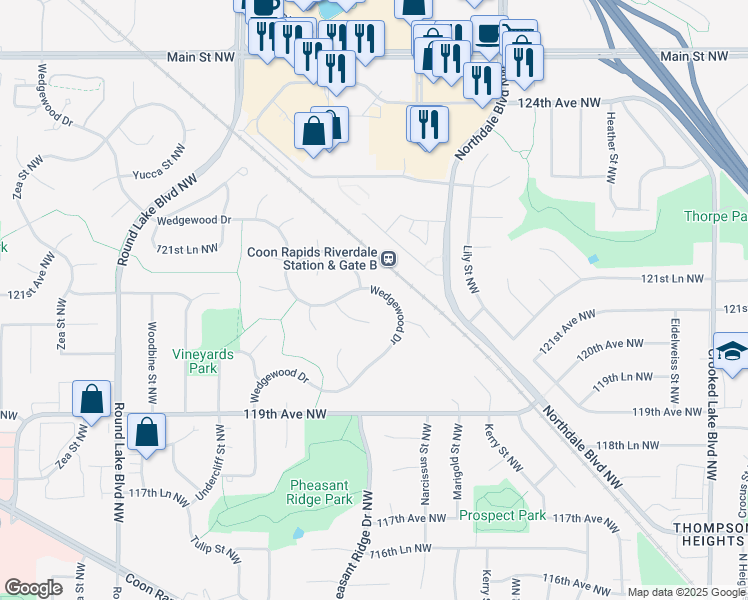 map of restaurants, bars, coffee shops, grocery stores, and more near 12019 Wedgewood Drive Northwest in Coon Rapids