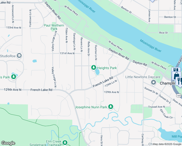 map of restaurants, bars, coffee shops, grocery stores, and more near 403 Belle Aire Drive in Champlin