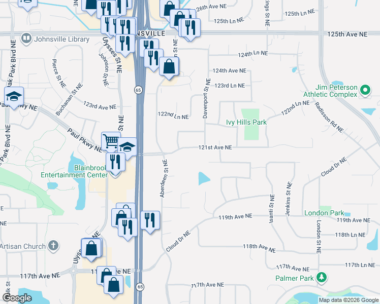 map of restaurants, bars, coffee shops, grocery stores, and more near 1517 121st Avenue Northeast in Blaine