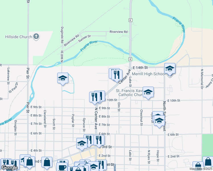 map of restaurants, bars, coffee shops, grocery stores, and more near 1204 Cedar Street in Merrill