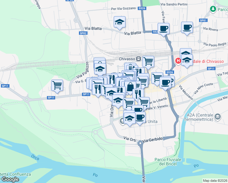 map of restaurants, bars, coffee shops, grocery stores, and more near 74C Via Torino in Chivasso