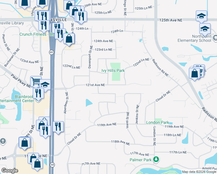 map of restaurants, bars, coffee shops, grocery stores, and more near 1700 121st Avenue Northeast in Blaine