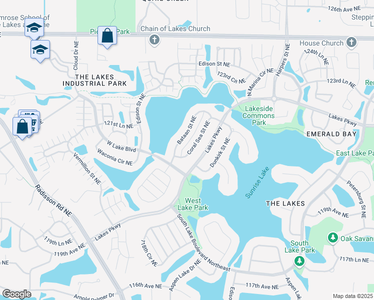 map of restaurants, bars, coffee shops, grocery stores, and more near 12100 Coral Sea Street Northeast in Blaine